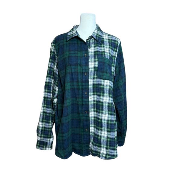 LL Bean Shirt Women L Blue Green Plaid Patchwork Flannel Button Up Relaxed Fit‎ - Picture 1 of 9